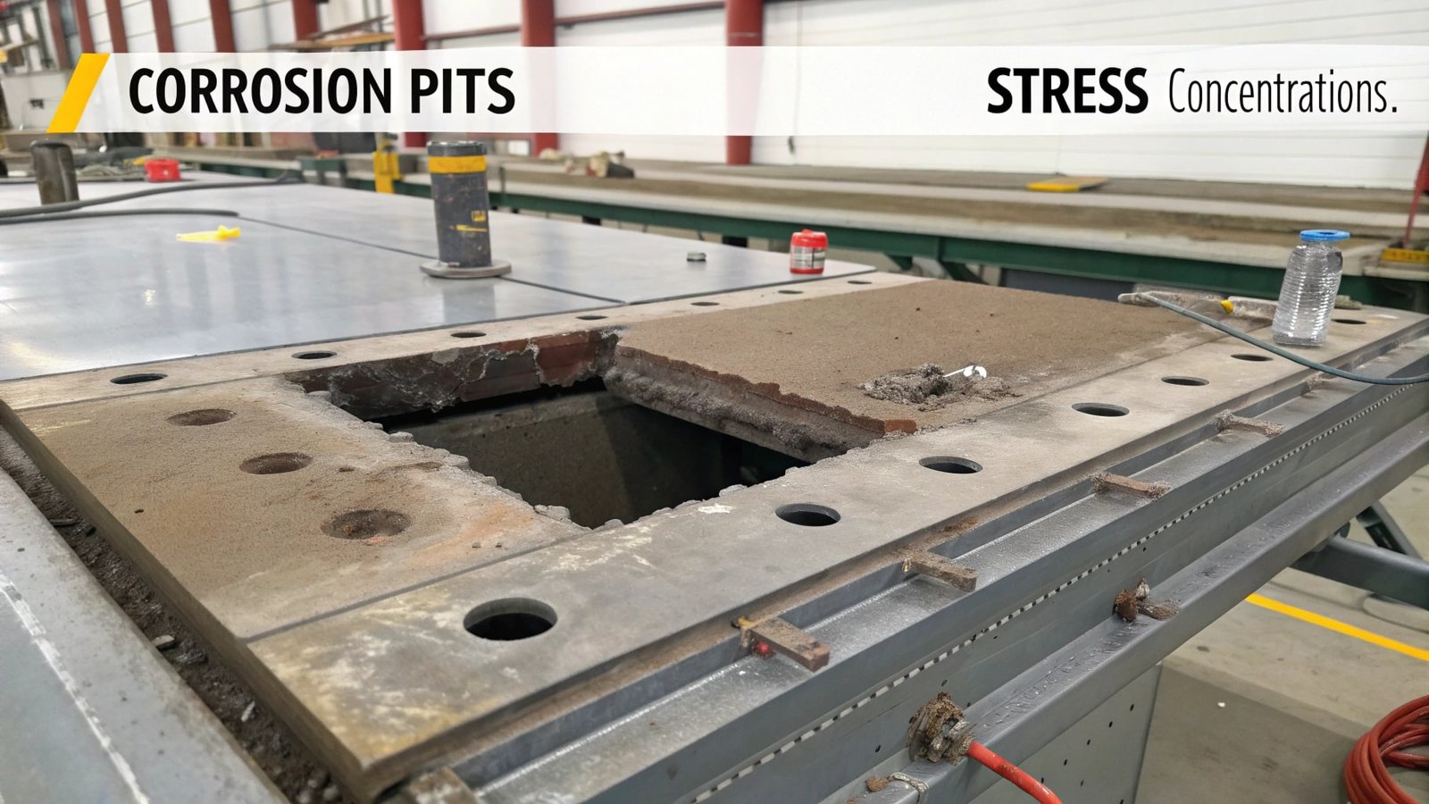 Diagrams showing pitting corrosion from salt, chemical attack from acids/alkalis, and galvanic corrosion between two different metals.